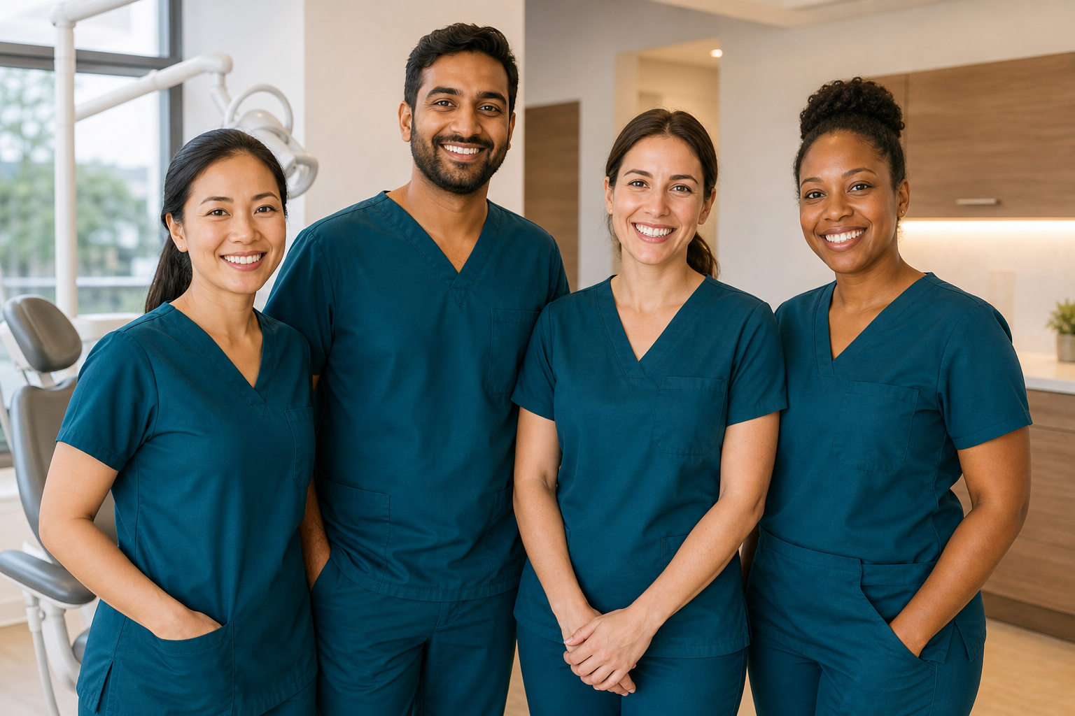 Friendly dental support staff team in scrubs